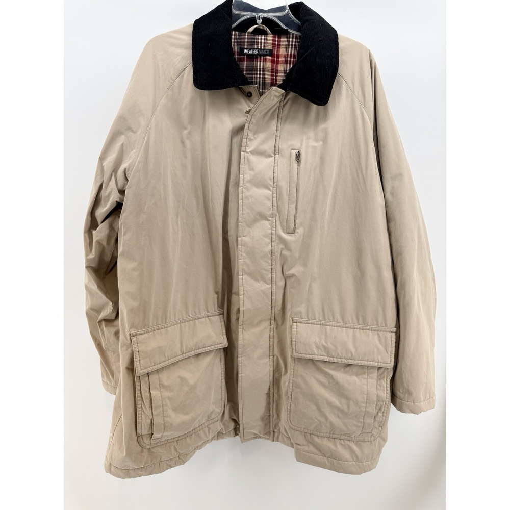 VTG Weather Tamer Mens XL Tan Field Jacket Full Zip Pockets Plaid Lined